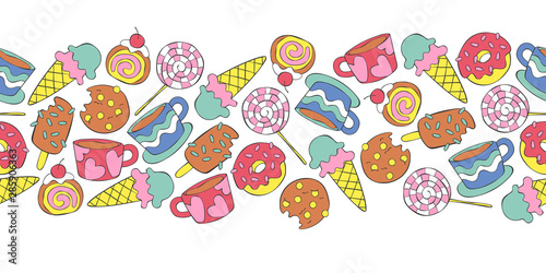 Hot drinks: tea and coffee. Sweets: ice cream, donuts, cookies, sweets, candy. Seamless horizontal pattern. Frame border.