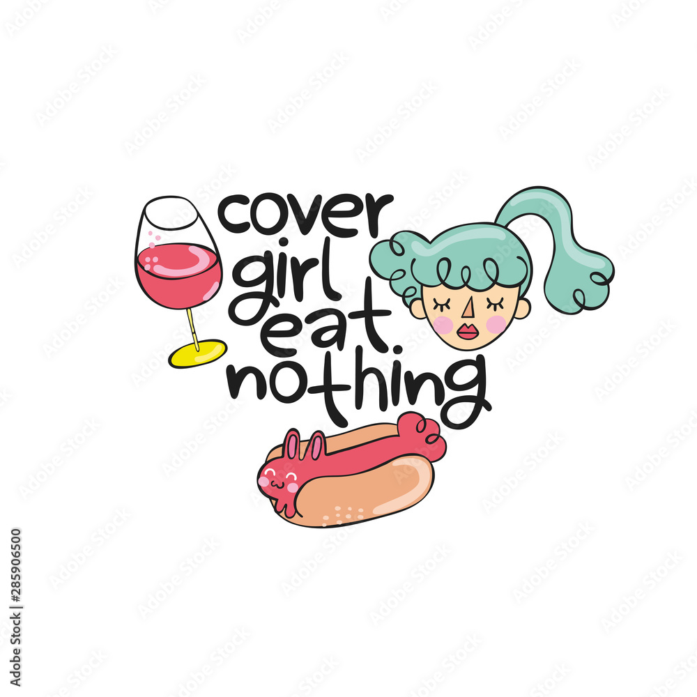 Cover girl eat nothing. Cartoon girl. Food and drinks. Lettering. Isolated vector object on a white background. Cover girl eat nothing. Cartoon girl. Food and drinks. Lettering. Isolated vector object on a white background.