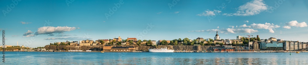 Stockholm, Sweden. Scenic Famous Panoramic View Of Embankment In Stockholm At Summer. Famous Popular Destination Scenic Place