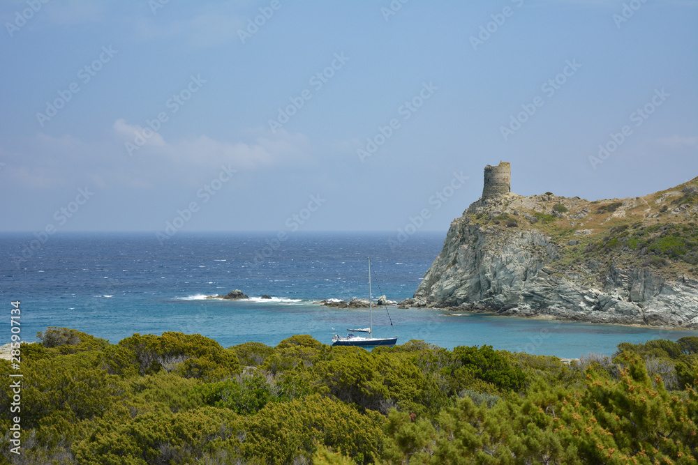 The Tower of Agnellu, a Genoese tower located in the commune of Rogliano (Haute-Corse). Sentier des douaniers. Corsica, France The Tower of Agnellu, a Genoese tower located in the commune of Rogliano (Haute-Corse). Sentier des douaniers. Corsica, France