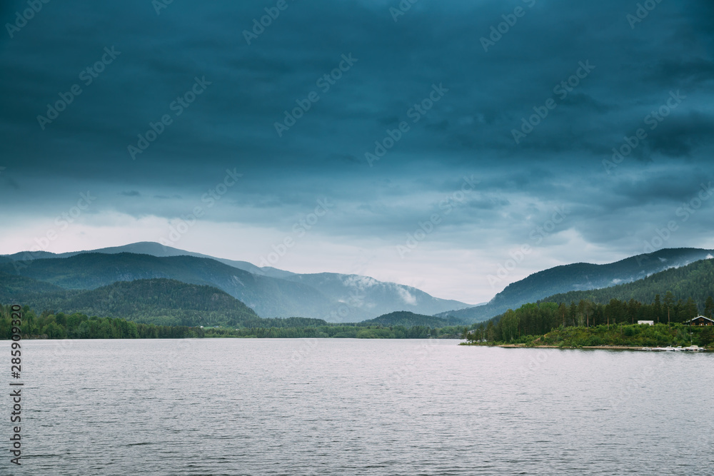 Norway. Beautiful Lake Kroderen In Summer Cloudy Day. Norwegian Nature. Kroderfjorden In Municipality Of Krodsherad In Buskerud, Norway