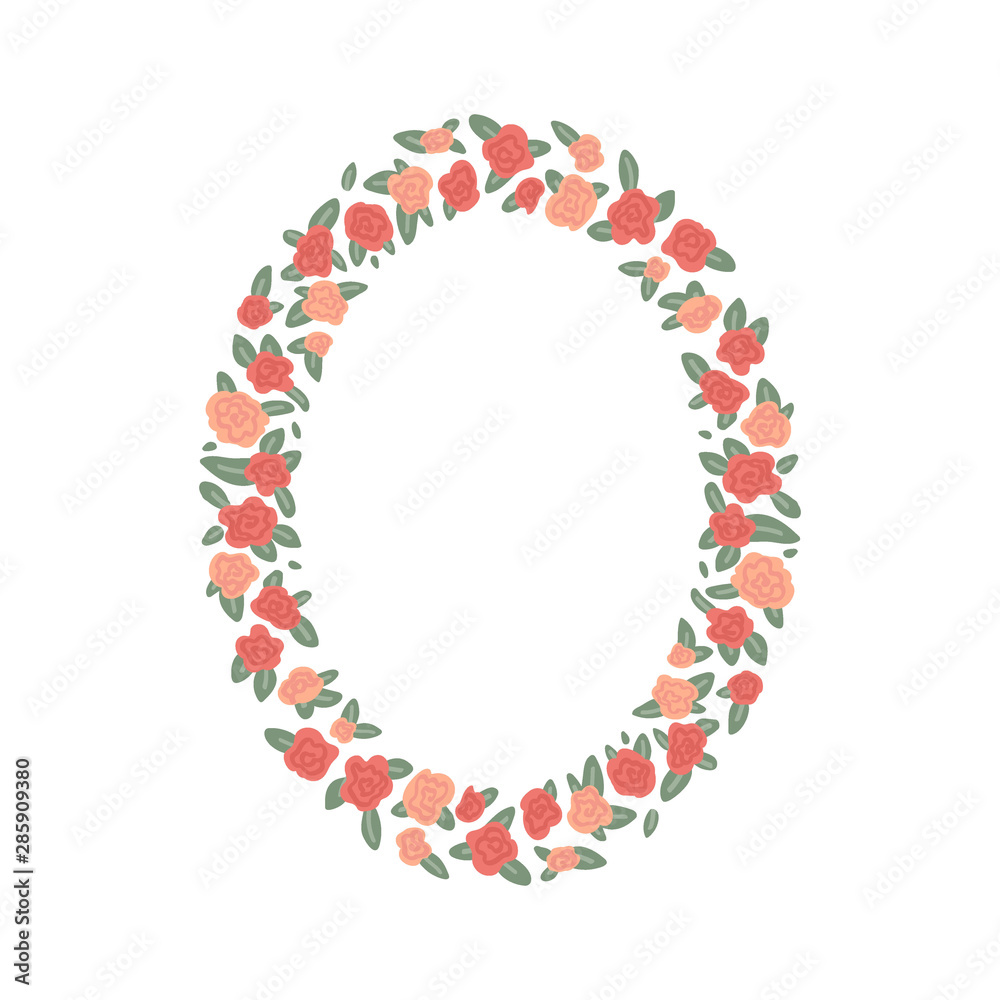 Oval frame of rose flowers isolated on white background. Vector illustration of cartoon style Oval frame of rose flowers isolated on white background. Vector illustration of cartoon style