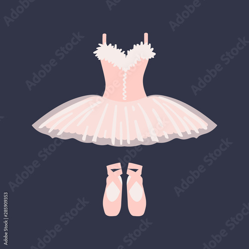 Ballet dress and pointe shoes on a dark background. Vector illustration