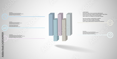 3D illustration infographic template with embossed cube vertically divided to five shifted parts