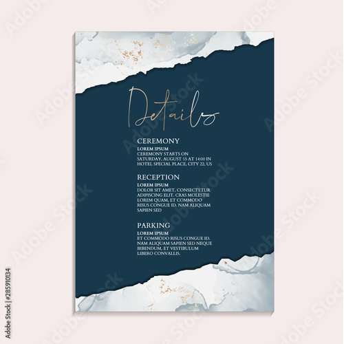 Wedding navy invitations and Card Template Design with Painted canvas indigo and gold foil in luxurious Turquoise And Gold style Vector Illustration. Paper template