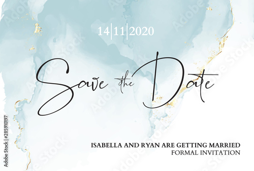 Save the date wedding invitation. Mable blue texture with blue ink anf gold foil texture. Boho branding, luxury presentation, rustic  pastel moden vector illustration photo