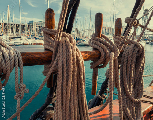 Pine trail with fixed running rigging. An old sailing ship photo