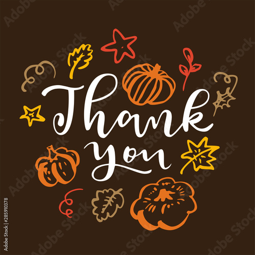 Thank you. Thanksgiving greeting card. Fall modern calligraphic hand drawn greeting card with pumpkin and leaves. Autumn colored artwork, print, artistic vector illustration