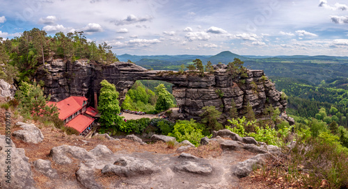 Panoramic view of Prebischtor Gate (Pravcicka brana), the biggest natural sandstone arch in Europe. Pravčická brána, Bohemian Switzerland (Bohemian Switzerland), Czech republic