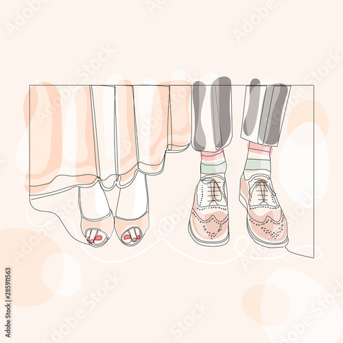 Barefooted feet are male and female. Wedding. One line drawing isolated vector object by hand on a white background.
