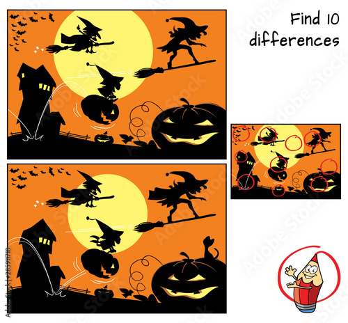 Three witches on Halloween night. Find 10 differences. Educational matching game for children. Cartoon vector illustration