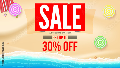 Sale, get up to 30 percent discount. Supper sale of the week. Seashore with sun umbrellas on yellow sand near sea surf. Banner for actions of summer sale. Vector template, 3d illustration