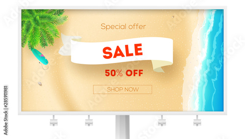 Billboard for actions of sales. Sale, get up to 50 percent discount. Seashore with green palm, surfboard on yellow sand, sea surf. Vector template, 3d illustration.