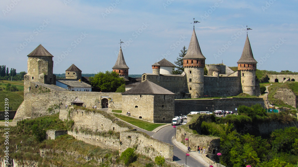 general appearance of Kamianets-Podilskyi Castle (is a former Ruthenian-Lithuanian  castle and a later three-part Polish fortress located in the city of Kamianets-Podilskyi, Ukraine. 07.08.2019