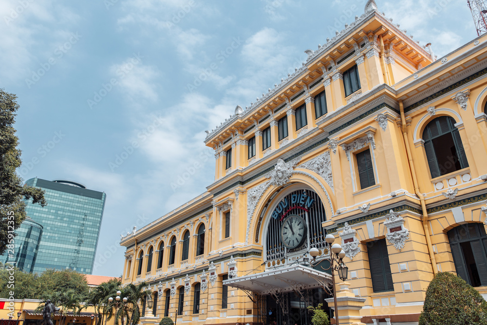 Saigon Central Post Office on blue sky background in Ho Chi Minh, Vietnam.