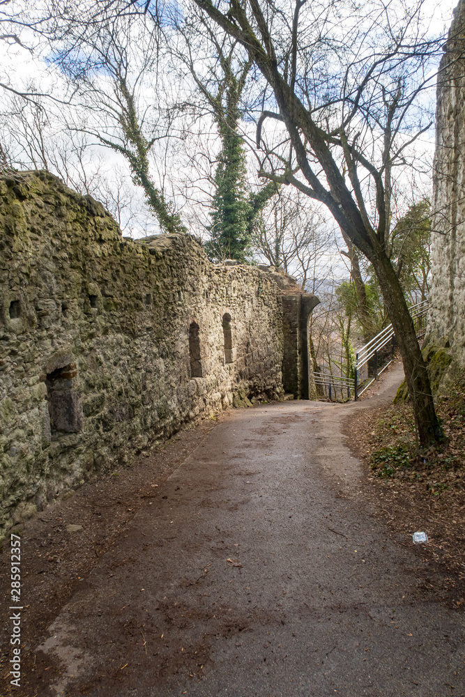 Hiking path and Castle Ruin at the Drachenfels in the Siebengebirge mountains, North Rhine-Westphalia, Germany