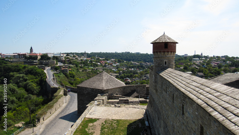 view of the city from the Kamianets-Podilskyi Castle (is a former Ruthenian-Lithuanian  castle and a later three-part Polish fortress located in the city of Kamianets-Podilskyi, Ukraine. 07.08.2019