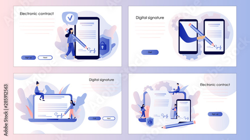 Electronic contract or digital signature concept. Screen template for mobile smart phone, landing page, template, ui, web, mobile app, poster, banner, flyer. Modern flat cartoon style. Vector