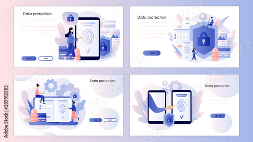 Data protection concept. Scan Fingerprint, Identification system. Screen template for mobile smart phone. Modern flat cartoon style. Vector illustration