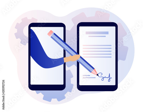 Electronic contract or digital signature concept. Modern flat cartoon style. Vector illustration