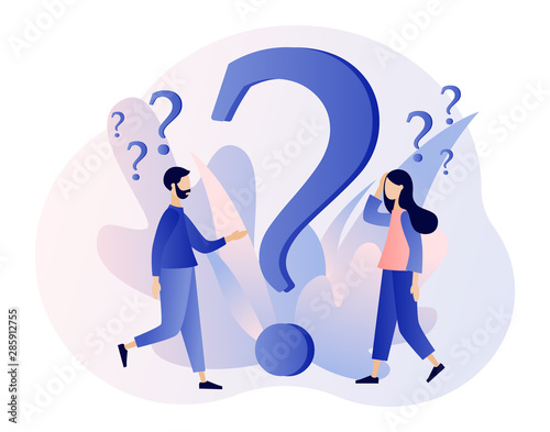FAQ concept set. People around exclamations and question marks. Metaphor question answer. Modern flat cartoon style. Vector illustration