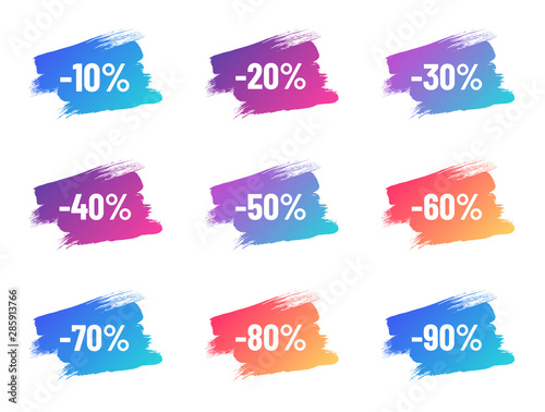 discount white letterings on color gradient brush strokes. discount from 10 to 90 percent off. illustration for promo advertising discounts
