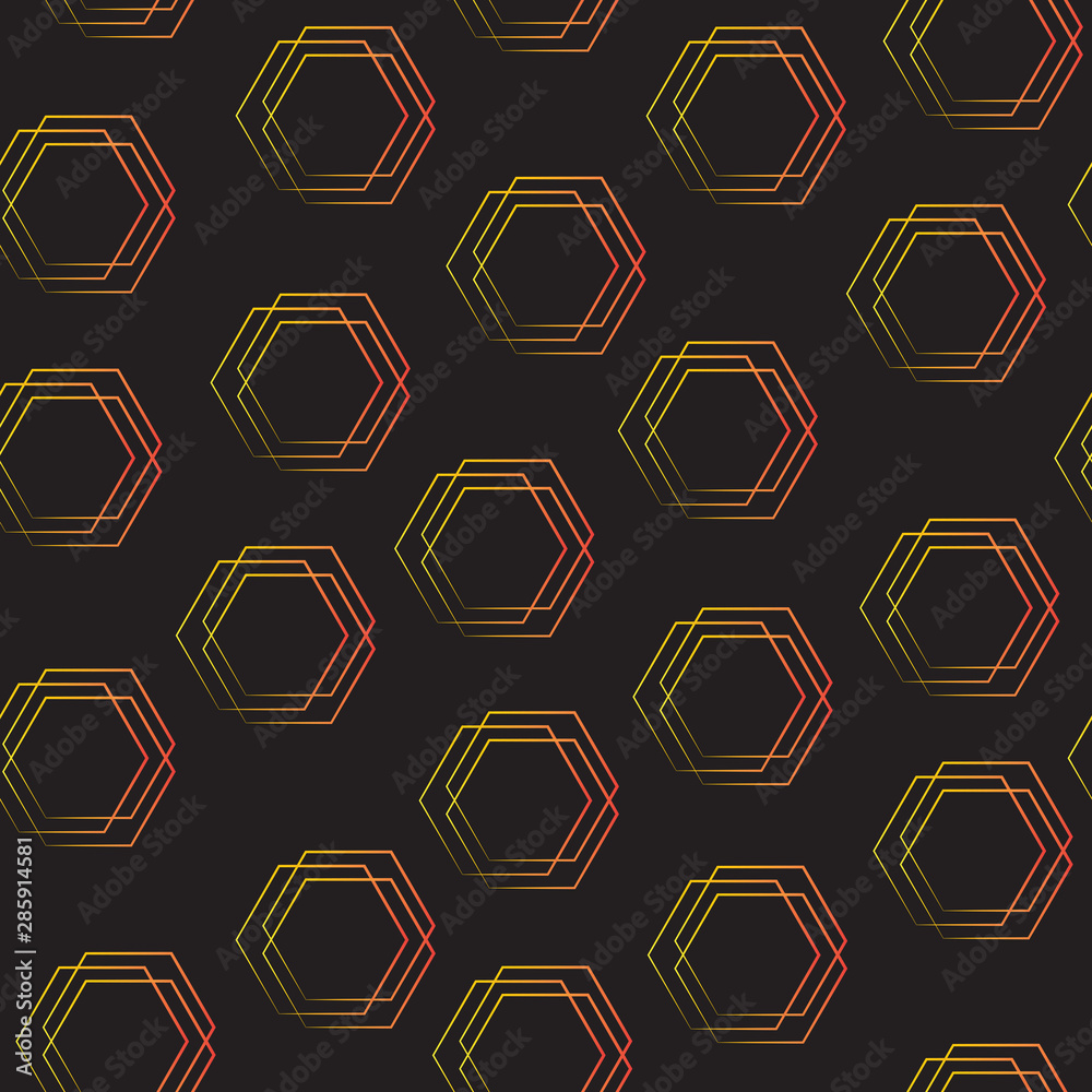 Seamless abstract geometric hexagons gradient pattern on a black background, texture can be used for wallpaper, fabric, packaging, book background