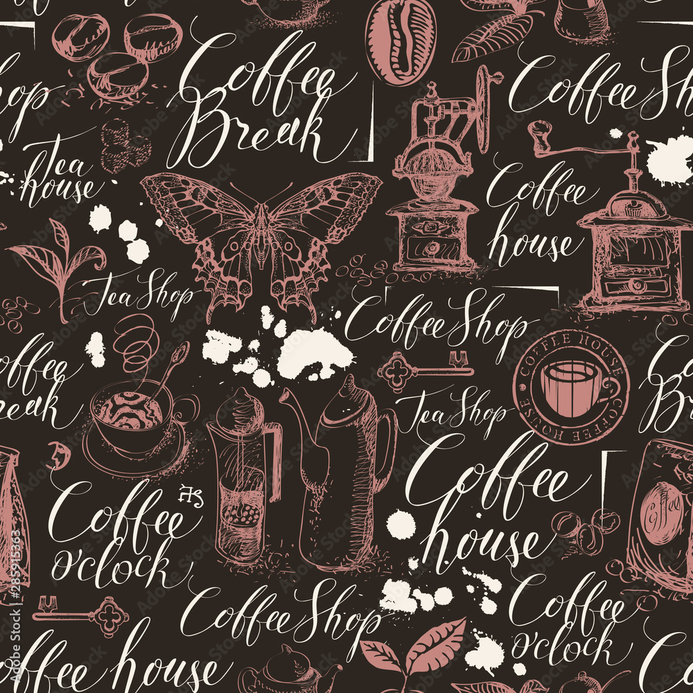 Vector seamless pattern on of tea and coffee theme in retro style. Repeatable background with hand-drawn items, butterfly, spots and handwritten inscriptions. Suitable for wallpaper or wrapping paper