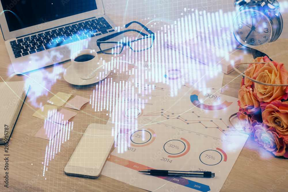 Double exposure of business theme icons and work space with computer background. Concept of success. Double exposure of business theme icons and work space with computer background. Concept of success.