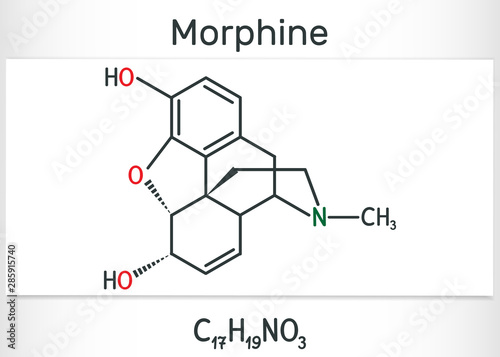 Morphine molecule. It is a pain medication of the opiate. Structural chemical formula and molecule model photo