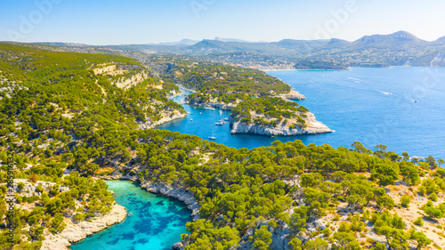 Fototapeta Naklejka Na Ścianę i Meble -  Panoramic view of Calanques National Park near Cassis fishing village, Provence, South France, Europe, Mediterranean sea
