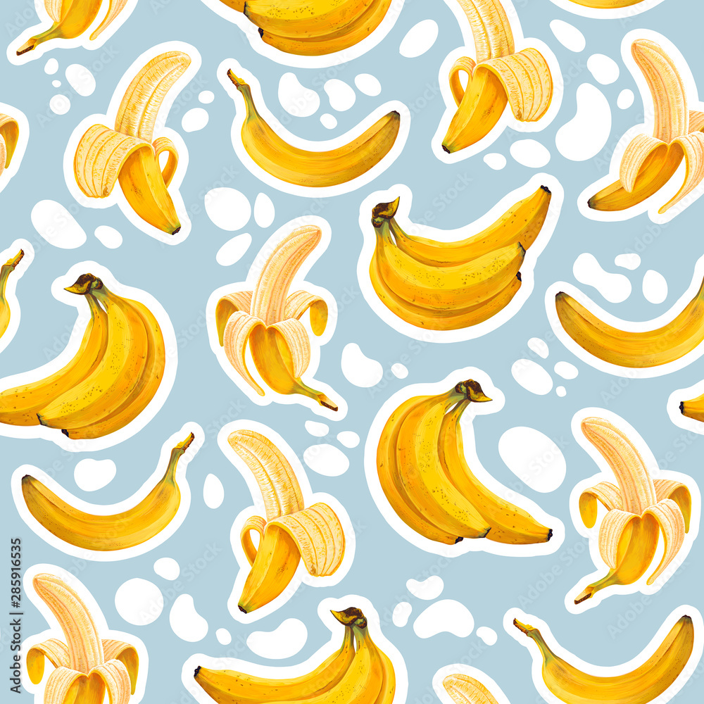 Seamless pattern with bright yellow hand-drawn bananas with high details in a realistic style. Gray-blue background with white spots for wallpapers, web page backgrounds, surface textures, textile. Seamless pattern with bright yellow hand-drawn bananas with high details in a realistic style. Gray-blue background with white spots for wallpapers, web page backgrounds, surface textures, textile.