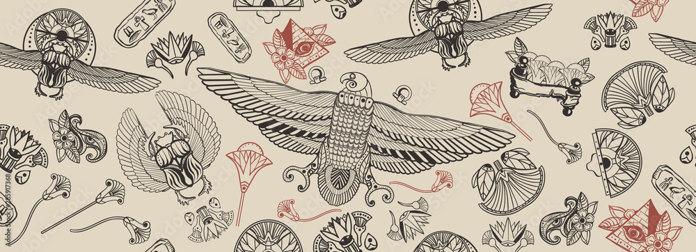 Ancient Egypt seamless pattern. Sacred scarab, eye Horus. Old school