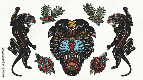 Old school tattoo collection. Black panthers. Aggressive wild cats. Traditional tattooing style