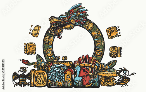 Kukulkan. Feathered Serpent and glyphs. Ancient Maya Civilization.  Quetzalcoatl. Mesoamerican mexico mythology. Color tattoo and t-shirt design. Chichen Itza statues