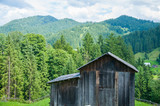 Old wooden house in the mountains against the background of the forest. Summer