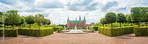 Obraz na płótnie beautiful landscape with fountain and magical incredible gardens and park Frederiksborg slot Castle near Copenhagen. Hillerod, Denmark. Exotic amazing places. Popular tourist atraction. w salonie