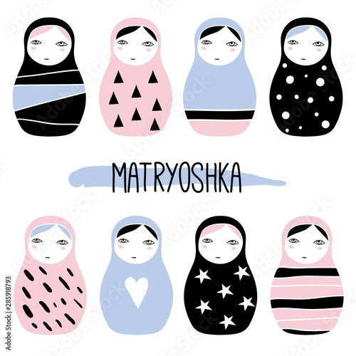 Nesting doll. Matryoshka, Russian doll with stars, heart, dots and triangles. Set of cute cartoon traditional wooden toys. Vector hand drawn illustration. Minimalistic geometric ornaments. Kids theme