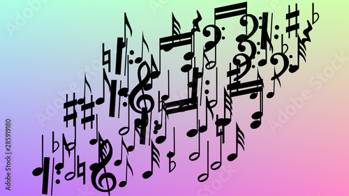 Disco Background. Many Random Falling Notes, Bass and, Treble Clef. Black Musical Notes Symbol Falling on Hologram Background. Disco Vector Template with Musical Symbols.