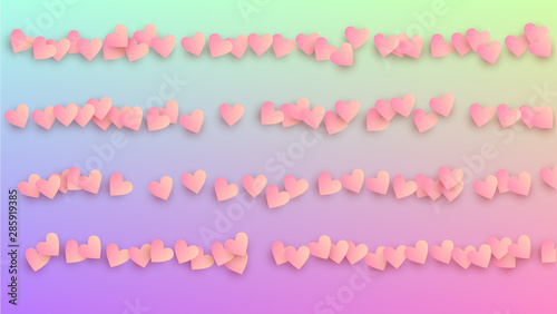 Wedding Background. Many Random Falling Red Hearts on Hologram Backdrop. Heart Confetti Pattern. Banner Template. Vector Wedding Background.