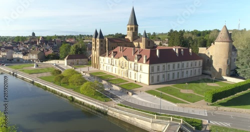 Paray-le-Monial abbey aerial approach, France