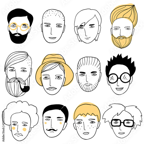 Cute faces of people. Doodle portraits of guys. Trendy hand drawn characters set. Outline sketch style cartoon vector illustration. Avatars collection