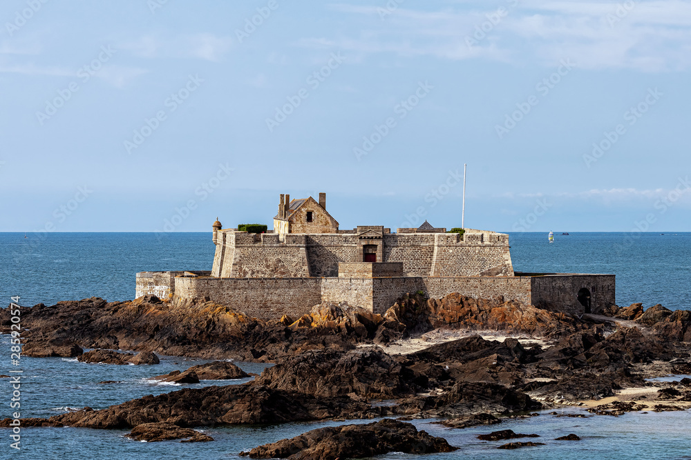 Fort National being a part of old naval defense system of Saint Malo at low tide, Saint Malo, France