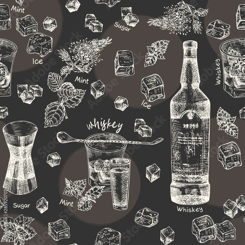 Vintage hand drawn sketch design bar, restaurant, cafe menu on black chalk board background. Seamless pattern. Graphic vector art. Iwhiskey with ice and mulled wine