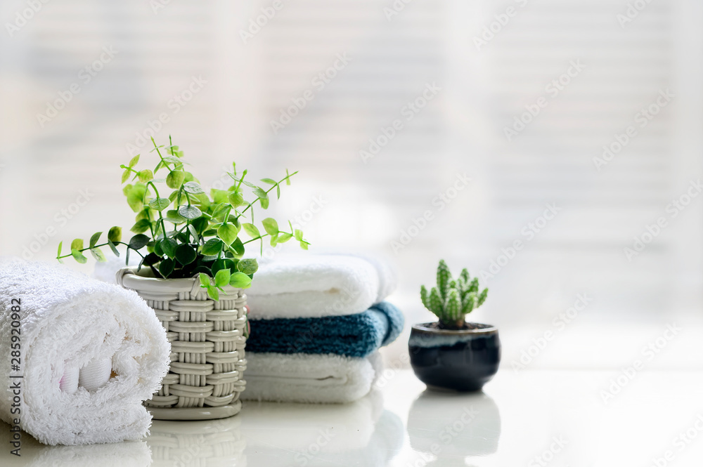 White towels on white top table with copy space. White towels on white top table with copy space.