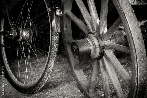 old horse cart stands on the field photo