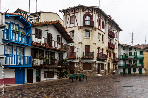 Picturesque square in Hondarribia, a typical Basque town near French border, Basque Country, Gipuzkoa, Spain photo