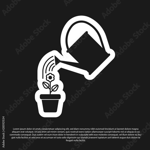 Black Watering can sprays water drops above flower in pot icon isolated on black background. Irrigation symbol. Vector Illustration