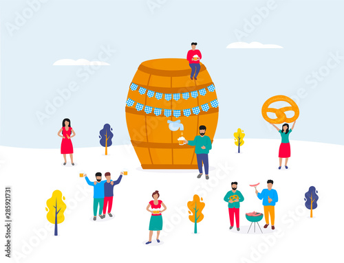 Oktoberfest - German festival. A huge barrel of beer. Tiny men and women have a drink and a barbecue. Autumn outdoor scene