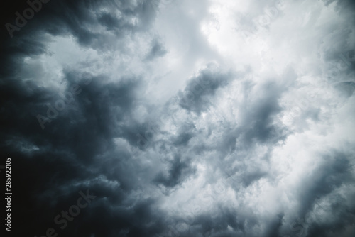 Dramatic cloudscape texture. Dark heavy thunderstorm clouds before rain. Overcast rainy bad weather. Storm warning. Natural gray background of cumulonimbus. Nature backdrop of stormy cloudy sky.